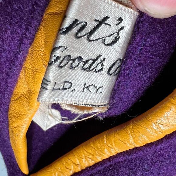 Vintage 80s Hunts Athletic Goods Varsity Letterman Jacket Purple Gold Wool Leath - Picture 9 of 12